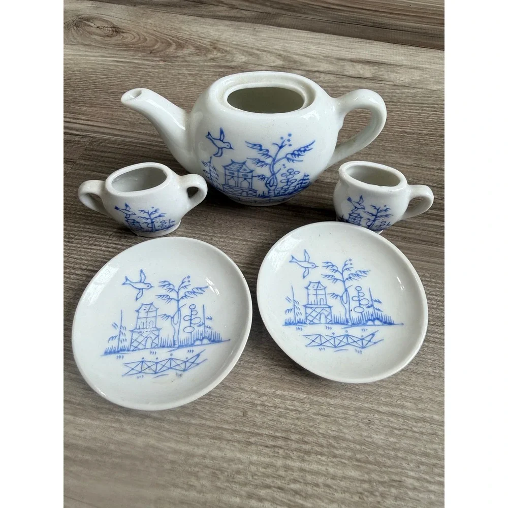 Vintage Blue White Pagoda Miniature Tea Set Made in Japan Porcelain 5pc No Lid